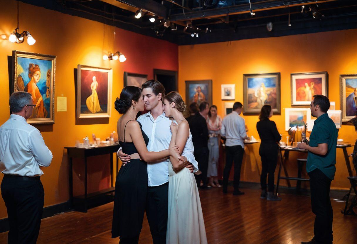 A cozy, intimate local art show scene featuring couples immersed in art, surrounded by vibrant paintings and sculptures. Soft, warm lighting casts a magical glow, enhancing the romantic atmosphere. In the background, a small stage showcases an elegant theatrical performance, with performers capturing the crowd's attention. The overall ambiance should evoke feelings of love and connection. vibrant colors. super-realistic.