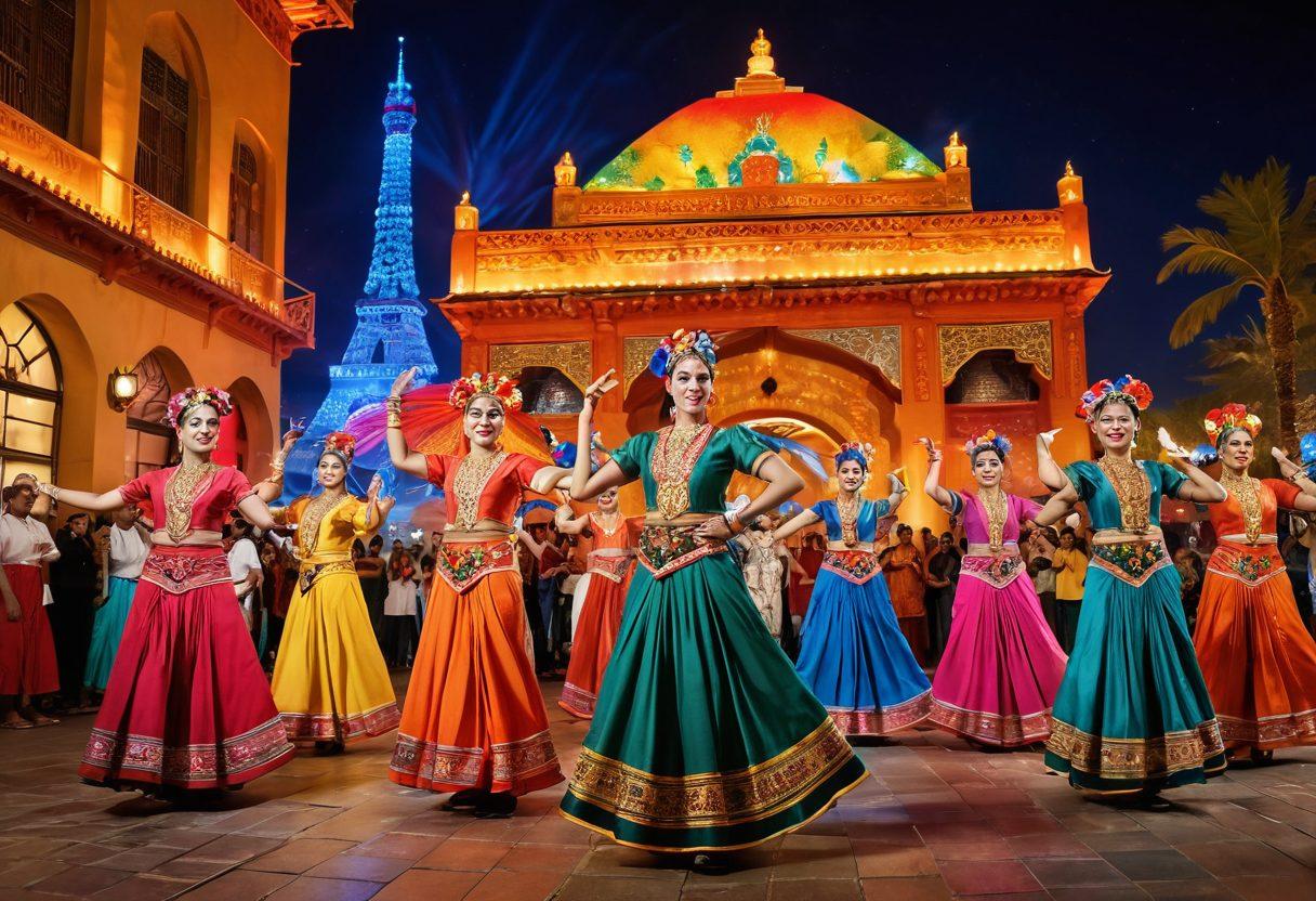 A vivid scene showcasing diverse cultural performances, featuring dancers in traditional attire, musicians playing unique instruments, and a lively audience immersed in the experience. The backdrop includes iconic landmarks from various cultures, illuminated with colorful lights and patterns. The atmosphere is electric, capturing the energy and passion of the events. super-realistic. vibrant colors. dynamic composition.