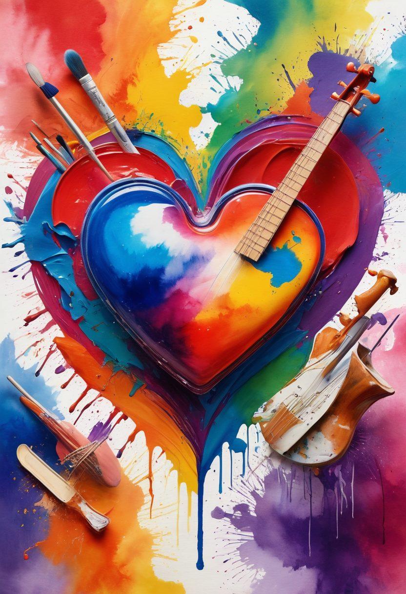A swirling collage of diverse artists passionately creating their work, surrounded by bright splashes of paint and art supplies, embodying a vibrant heart. Include elements like musical instruments, sculpting tools, and colorful mural backdrops, portraying community and connection. Capture a warm, inviting atmosphere that radiates creativity and affection among the artists. watercolor style. vibrant colors. abstract background.